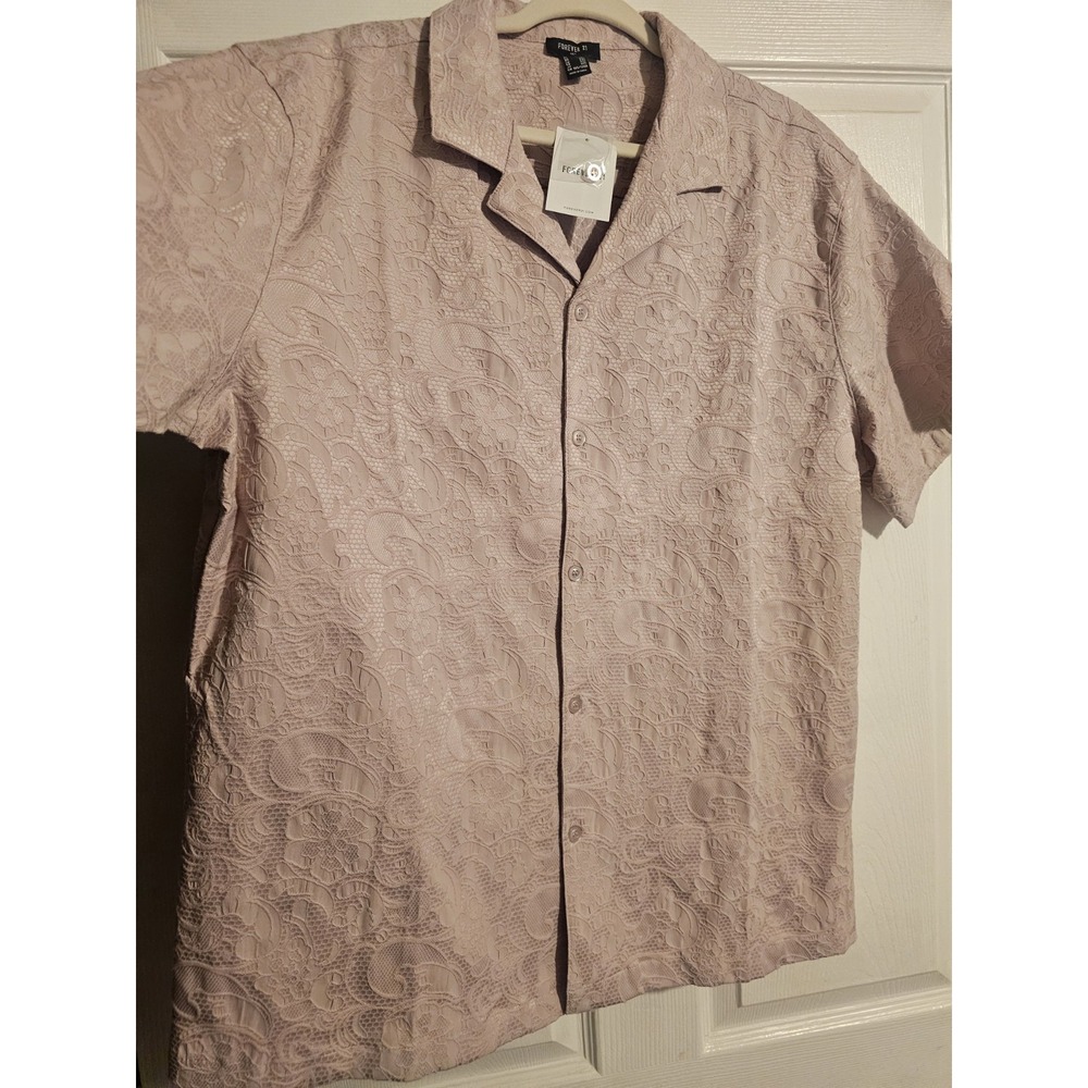 NWT Mens XXL Short Sleeve Button Up Shirt Cotton Lace Lilac Cuban Style Collar - Picture 2 of 16